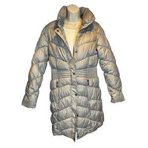 Liz Claiborne Long Puffer Jacket - Quilted Sz M Silver Zip Pockets - No Hood